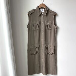 MaxMara 100% Silk Safarai Sleeveless Dress Made in Italy Buttons Size 10 Flaw*